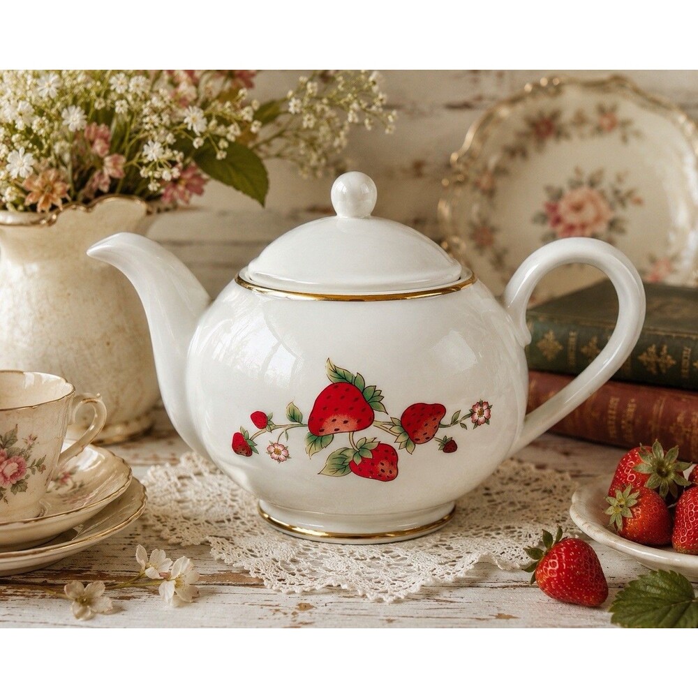 Vintage Strawberry Ceramic Teapot Gold Trim Cottagecore Farmhouse Tea Pot Decor